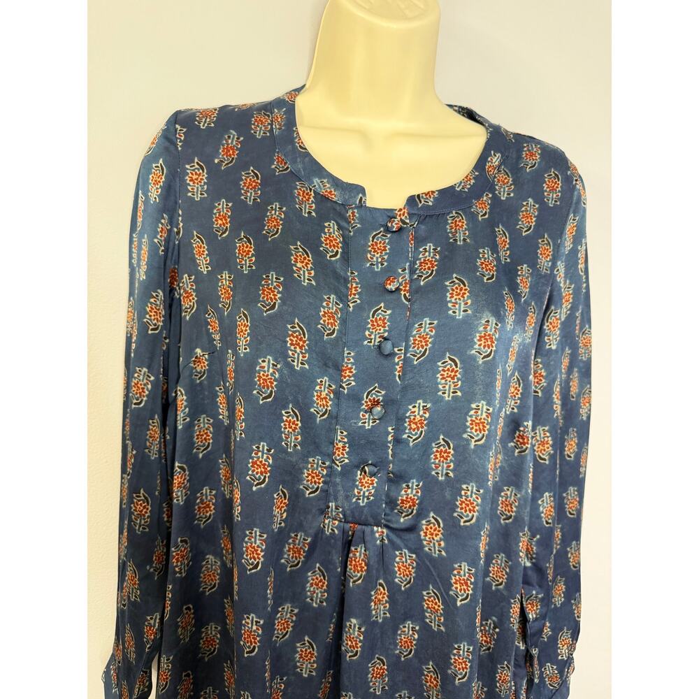 FOLKSONG Tunic Top Blue Floral Block Print Long Sleeve Boho Blouse Sz M - Picture 4 of 16